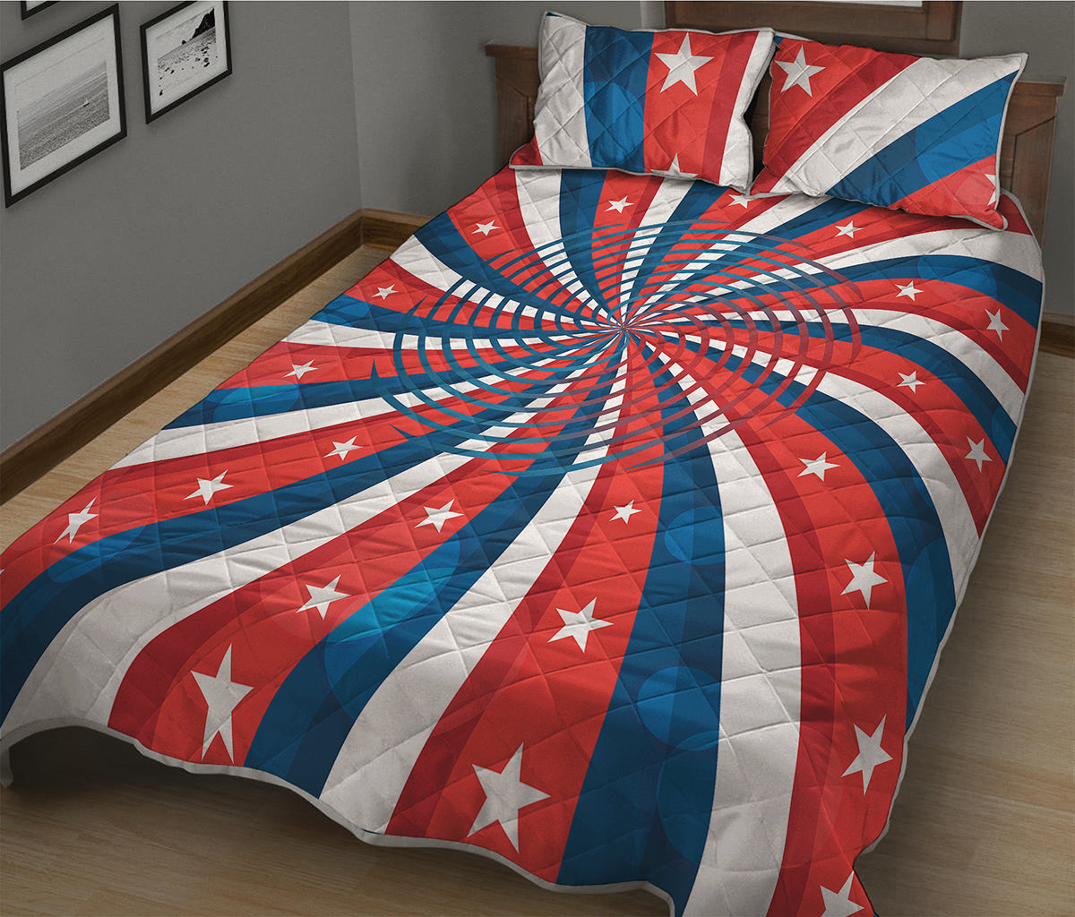 Swirly American Patriotic Print Quilt Bed Set