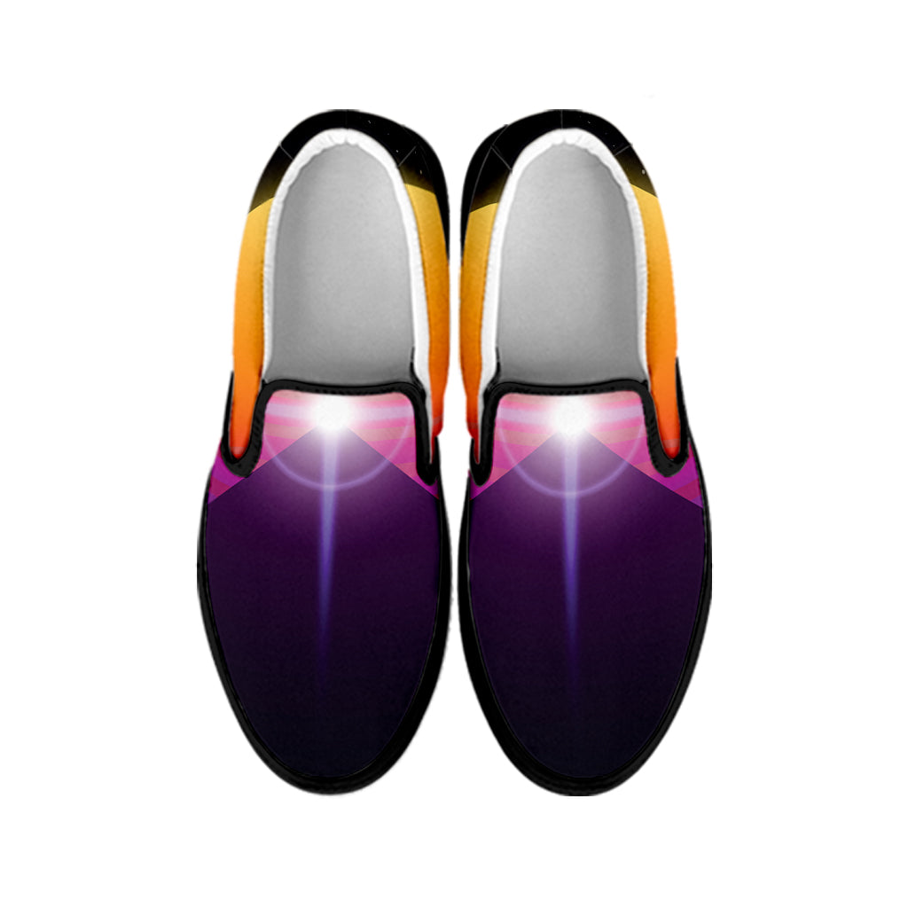 Synthwave Pyramid Print Black Slip On Shoes