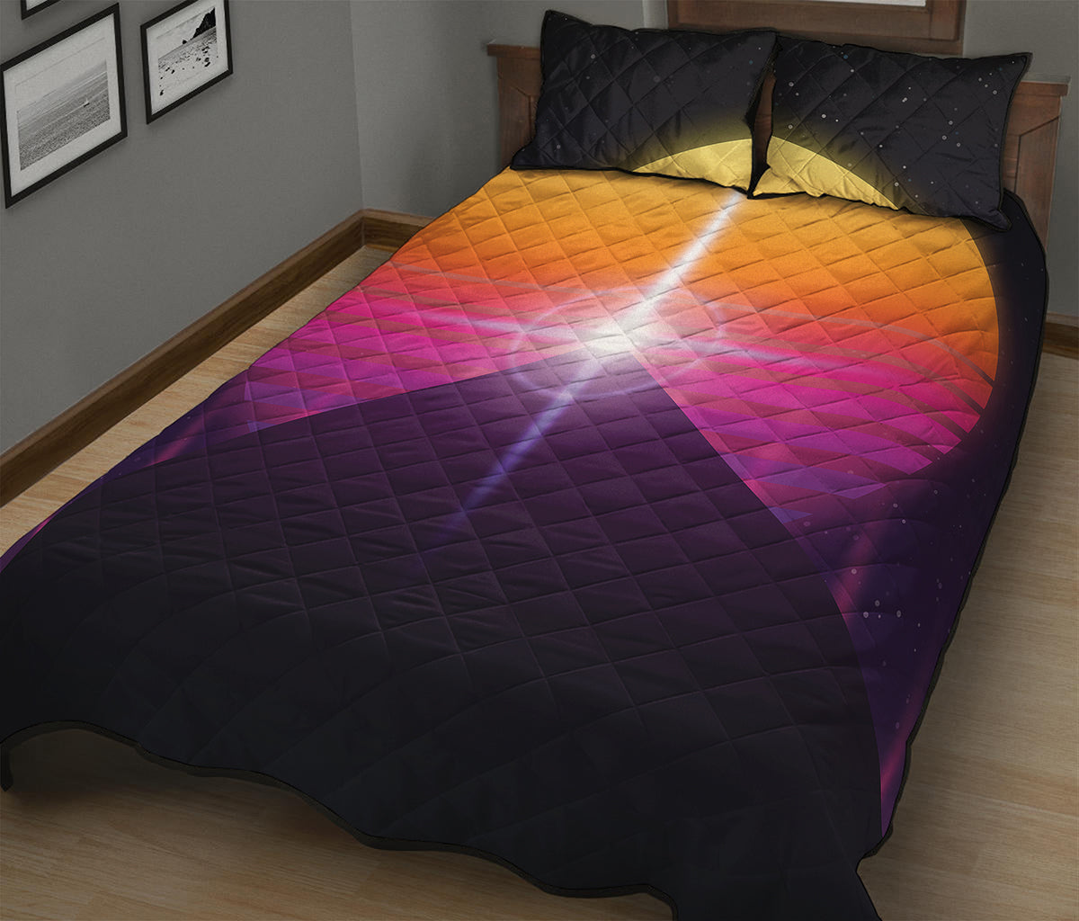 Synthwave Pyramid Print Quilt Bed Set