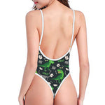 T-Rex And Dino Fossil Pattern Print One Piece High Cut Swimsuit