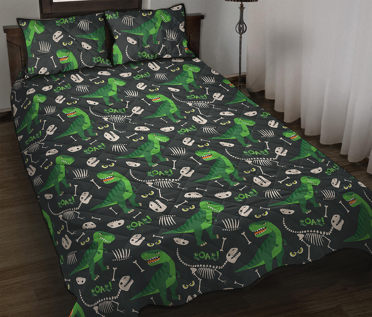 T-Rex And Dino Fossil Pattern Print Quilt Bed Set