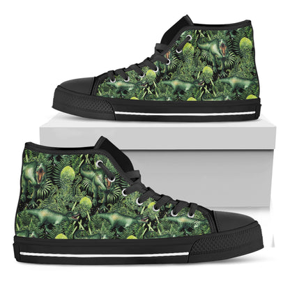 T-Rex Dinosaur And Jurassic Plants Print Black High Top Shoes