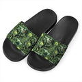 T-Rex Dinosaur And Jurassic Plants Print Black Slide Sandals