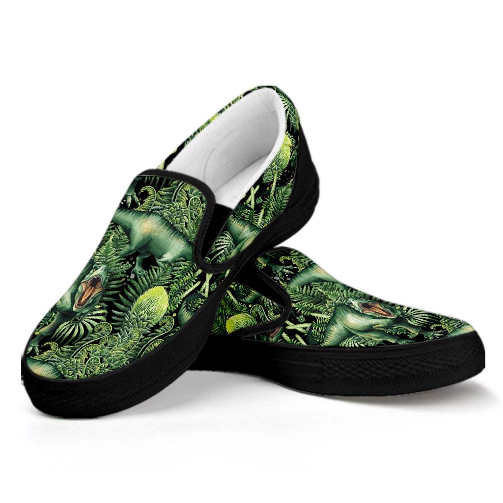 T-Rex Dinosaur And Jurassic Plants Print Black Slip On Shoes