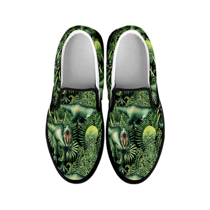 T-Rex Dinosaur And Jurassic Plants Print Black Slip On Shoes
