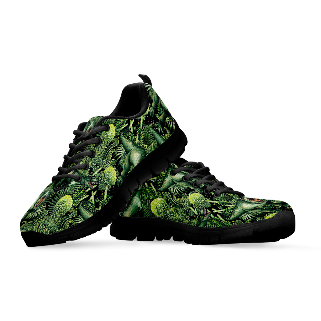 T-Rex Dinosaur And Jurassic Plants Print Black Sneakers
