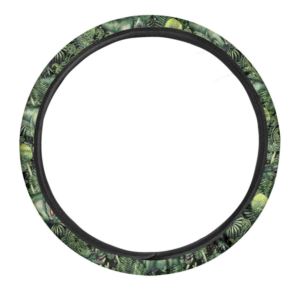 T-Rex Dinosaur And Jurassic Plants Print Car Steering Wheel Cover
