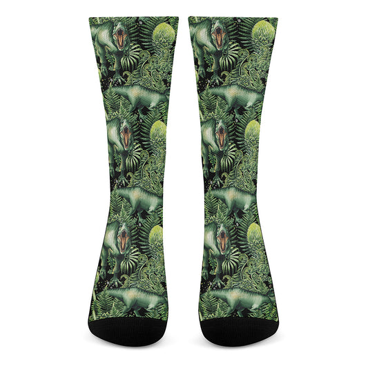 T-Rex Dinosaur And Jurassic Plants Print Crew Socks
