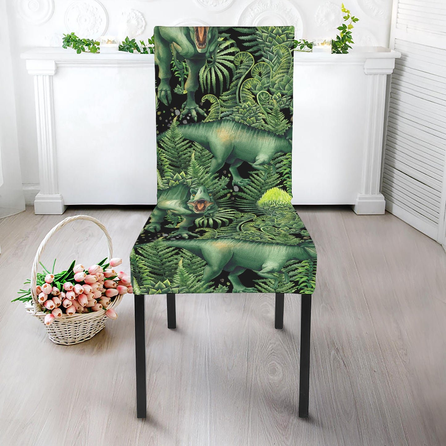 T-Rex Dinosaur And Jurassic Plants Print Dining Chair Slipcover