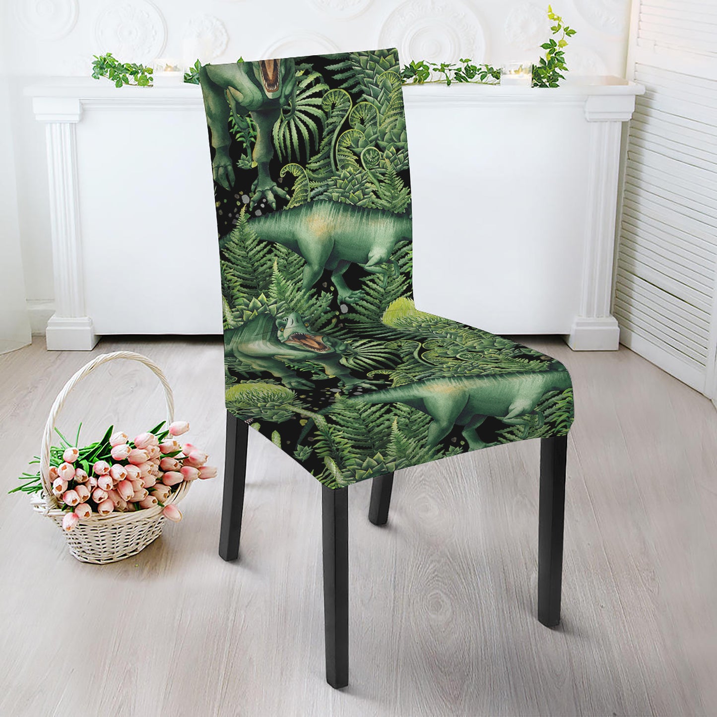 T-Rex Dinosaur And Jurassic Plants Print Dining Chair Slipcover