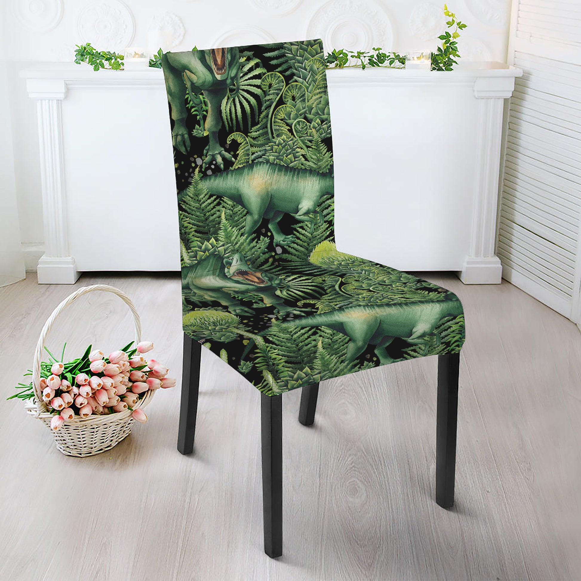 T-Rex Dinosaur And Jurassic Plants Print Dining Chair Slipcover