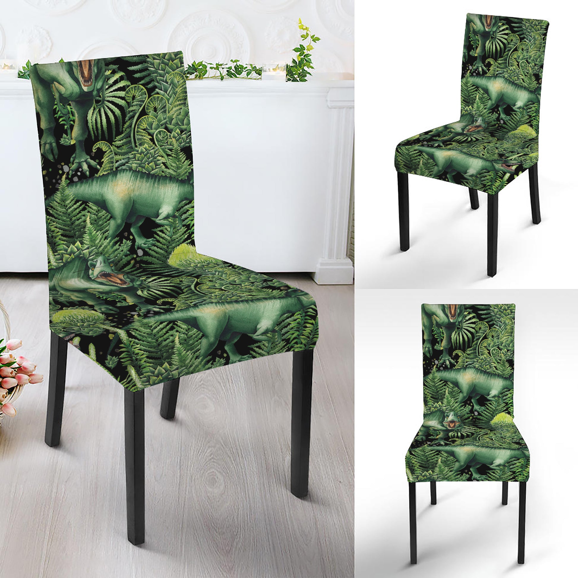 T-Rex Dinosaur And Jurassic Plants Print Dining Chair Slipcover