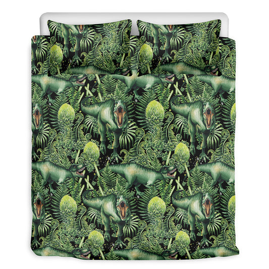 T-Rex Dinosaur And Jurassic Plants Print Duvet Cover Bedding Set