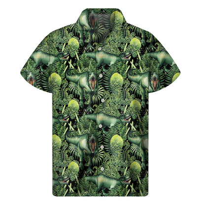 T-Rex Dinosaur And Jurassic Plants Print Men's Short Sleeve Shirt