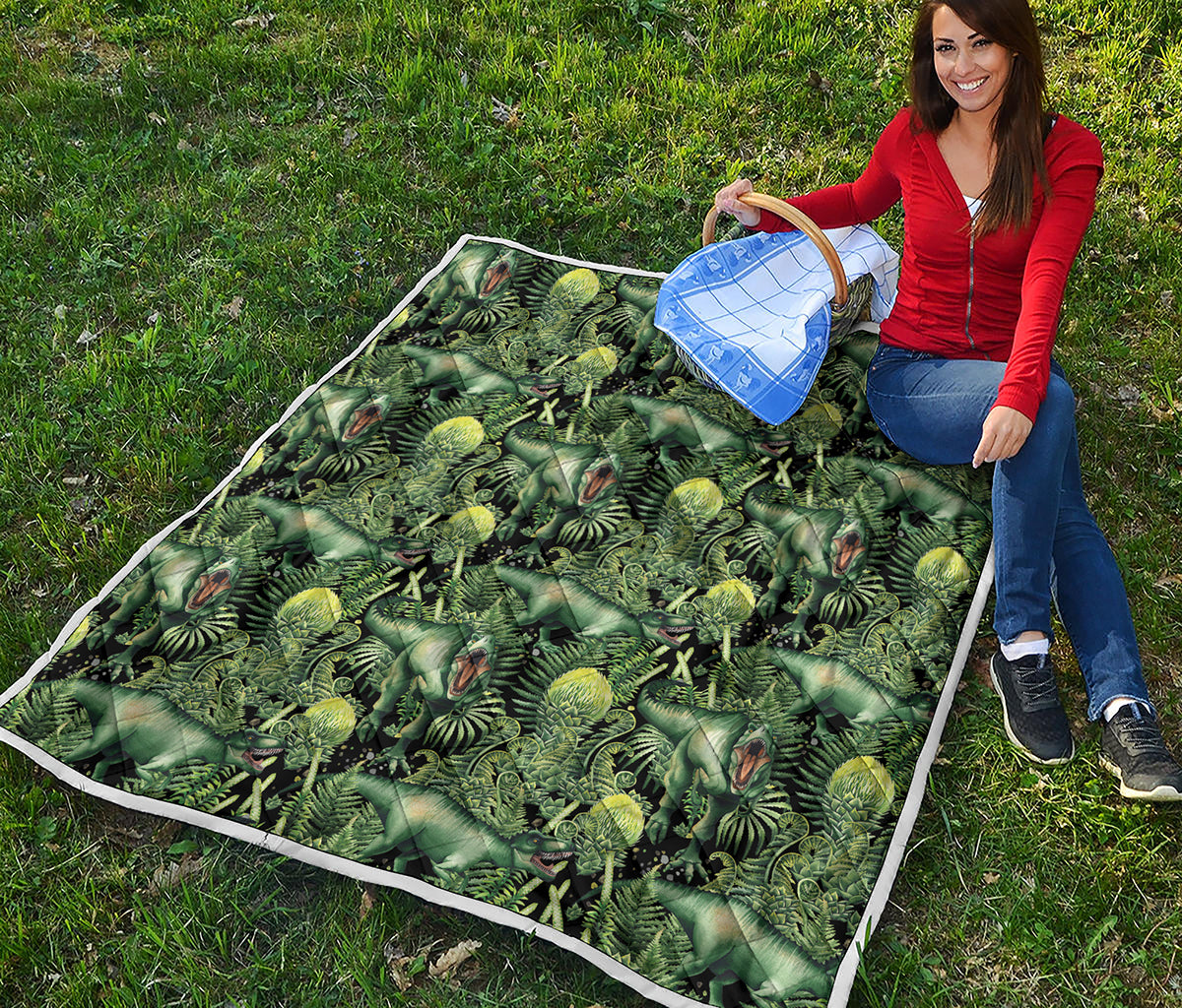 T-Rex Dinosaur And Jurassic Plants Print Quilt