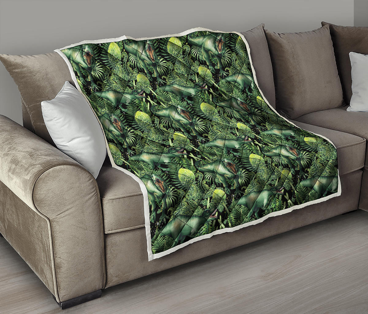 T-Rex Dinosaur And Jurassic Plants Print Quilt