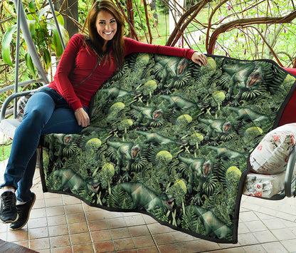 T-Rex Dinosaur And Jurassic Plants Print Quilt