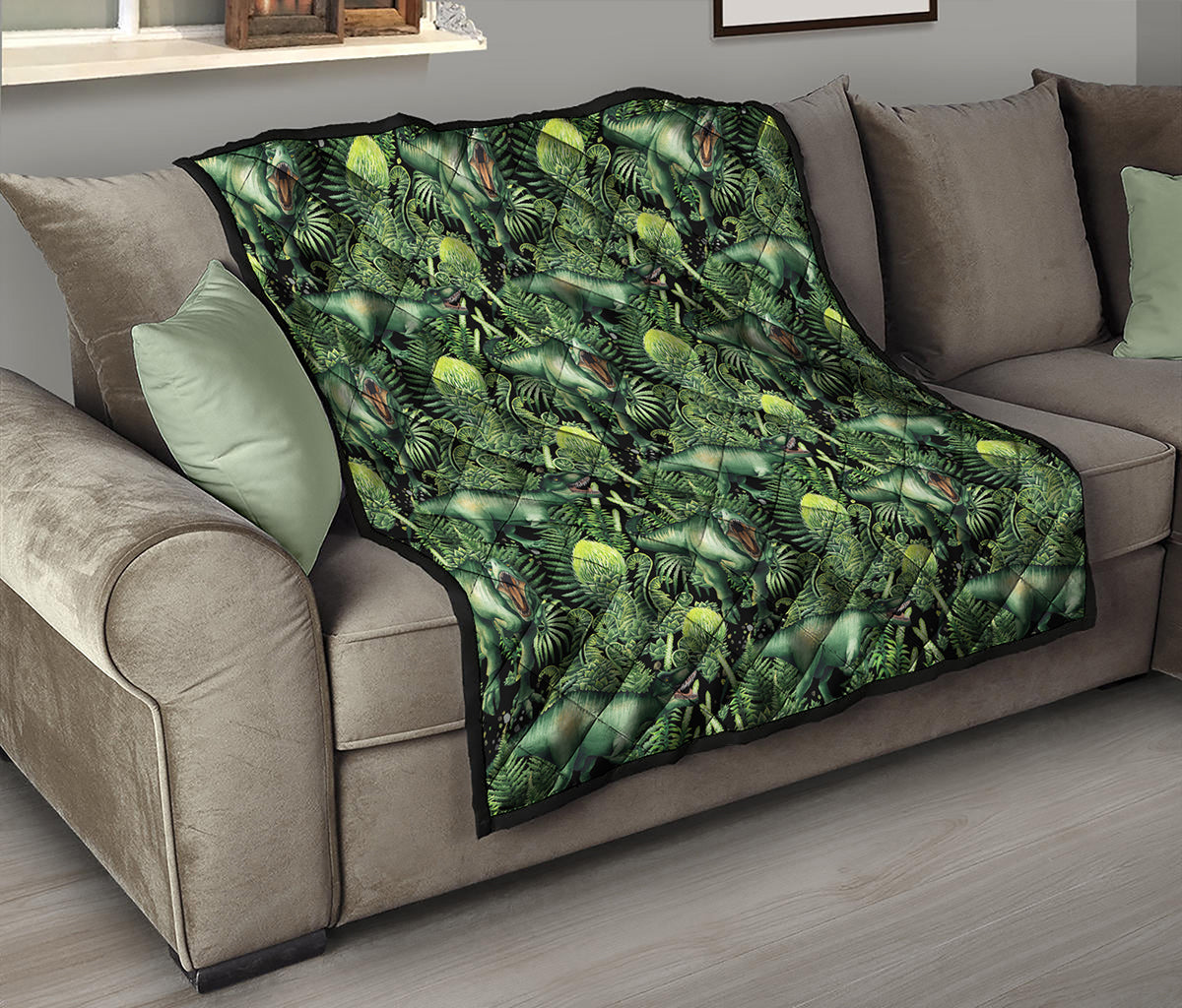 T-Rex Dinosaur And Jurassic Plants Print Quilt