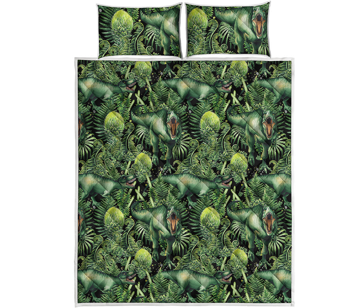 T-Rex Dinosaur And Jurassic Plants Print Quilt Bed Set