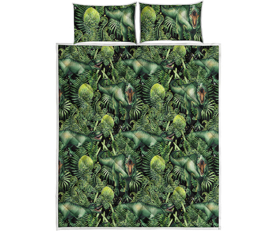 T-Rex Dinosaur And Jurassic Plants Print Quilt Bed Set