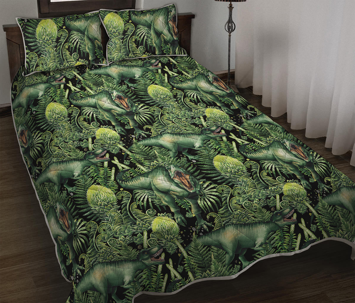 T-Rex Dinosaur And Jurassic Plants Print Quilt Bed Set