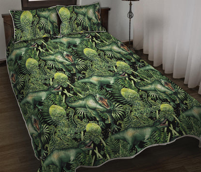 T-Rex Dinosaur And Jurassic Plants Print Quilt Bed Set