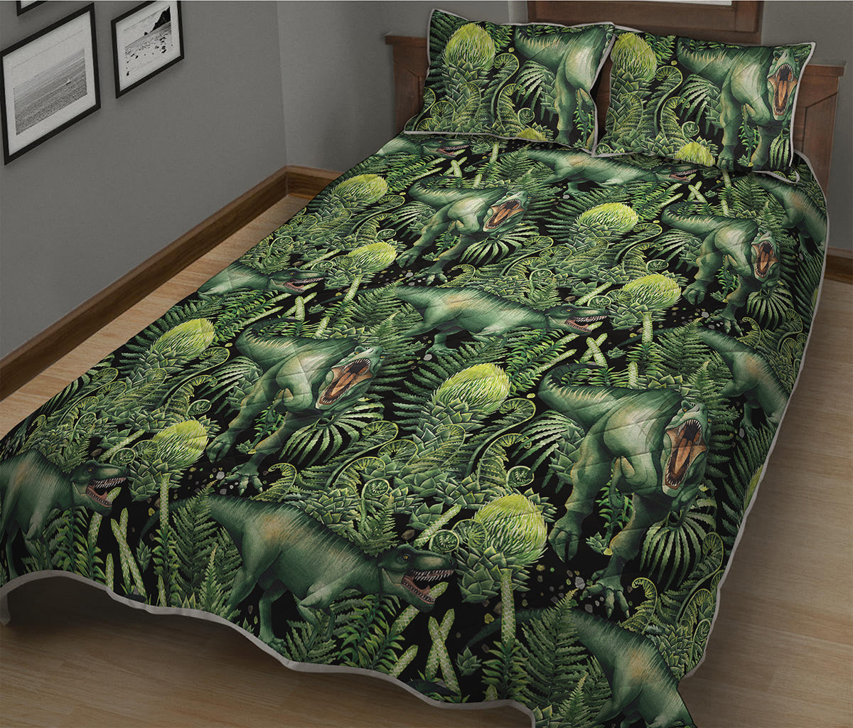 T-Rex Dinosaur And Jurassic Plants Print Quilt Bed Set