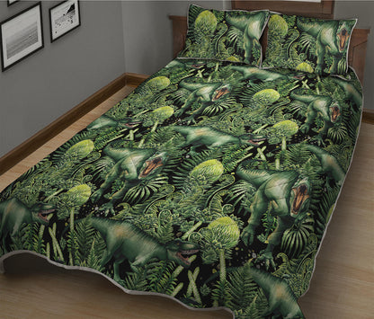 T-Rex Dinosaur And Jurassic Plants Print Quilt Bed Set