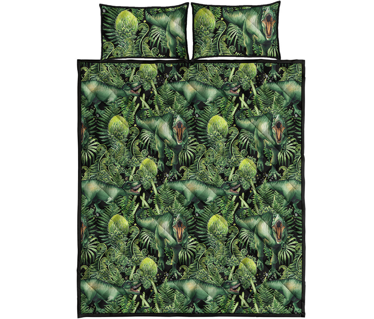 T-Rex Dinosaur And Jurassic Plants Print Quilt Bed Set
