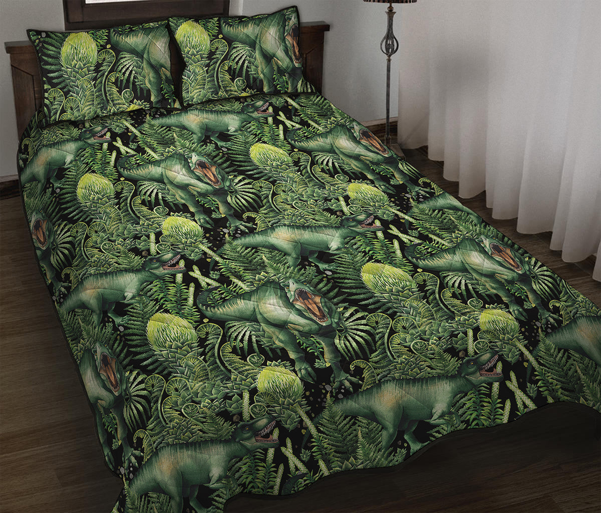 T-Rex Dinosaur And Jurassic Plants Print Quilt Bed Set