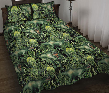 T-Rex Dinosaur And Jurassic Plants Print Quilt Bed Set