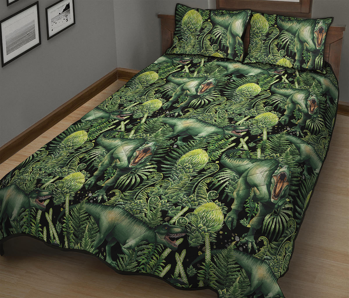 T-Rex Dinosaur And Jurassic Plants Print Quilt Bed Set