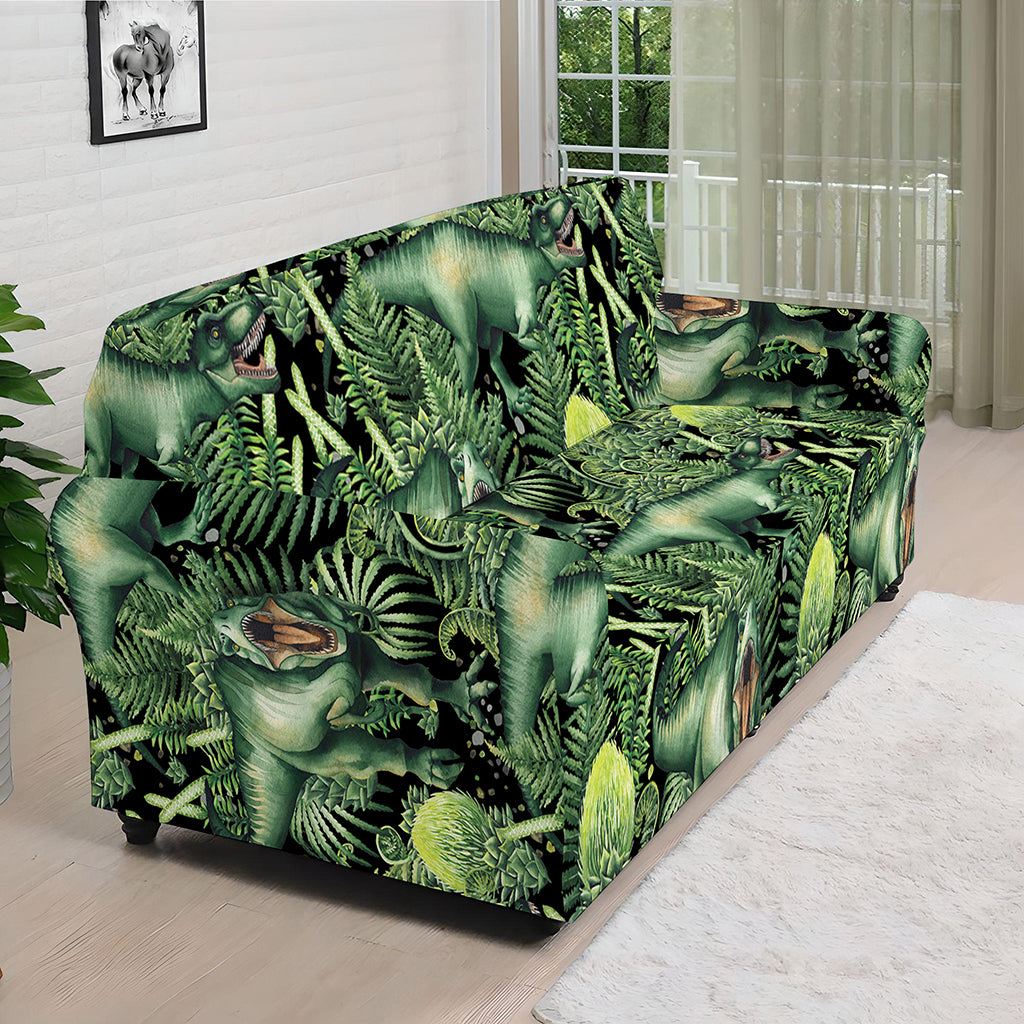 T-Rex Dinosaur And Jurassic Plants Print Sofa Cover