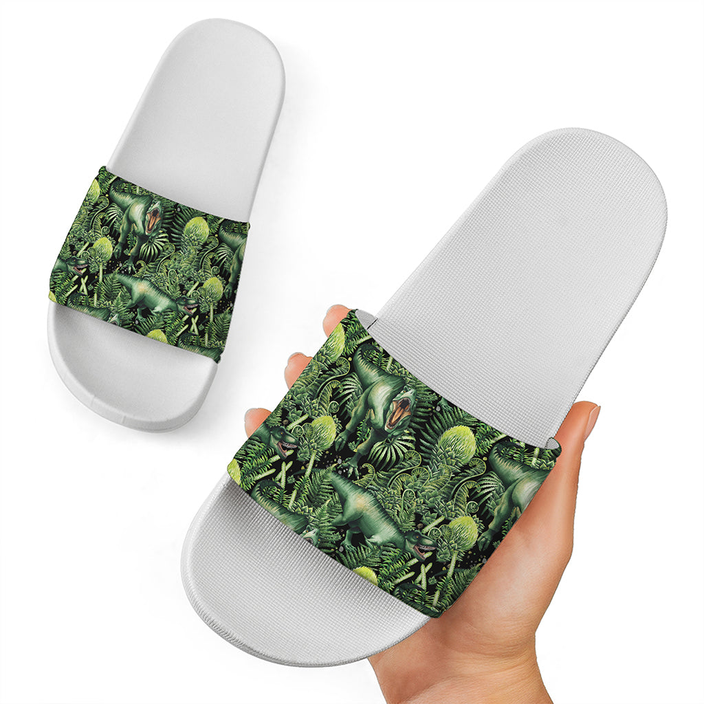 T-Rex Dinosaur And Jurassic Plants Print White Slide Sandals