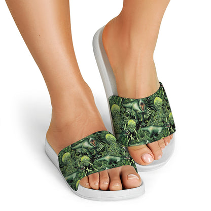 T-Rex Dinosaur And Jurassic Plants Print White Slide Sandals