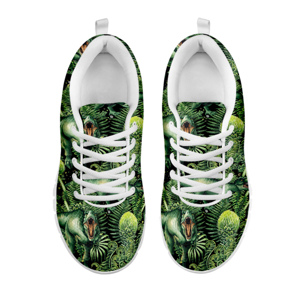 T-Rex Dinosaur And Jurassic Plants Print White Sneakers