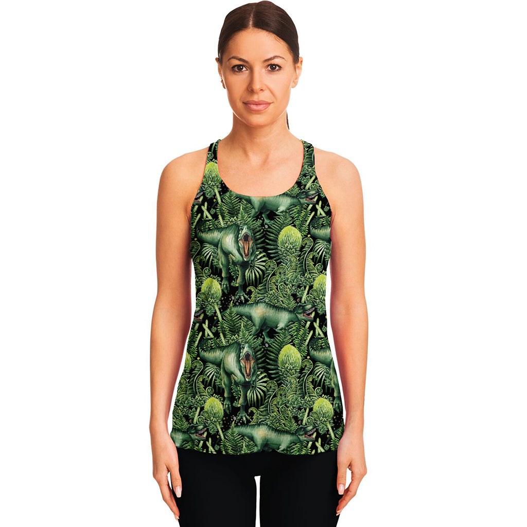 T-Rex Dinosaur And Jurassic Plants Print Women's Racerback Tank Top
