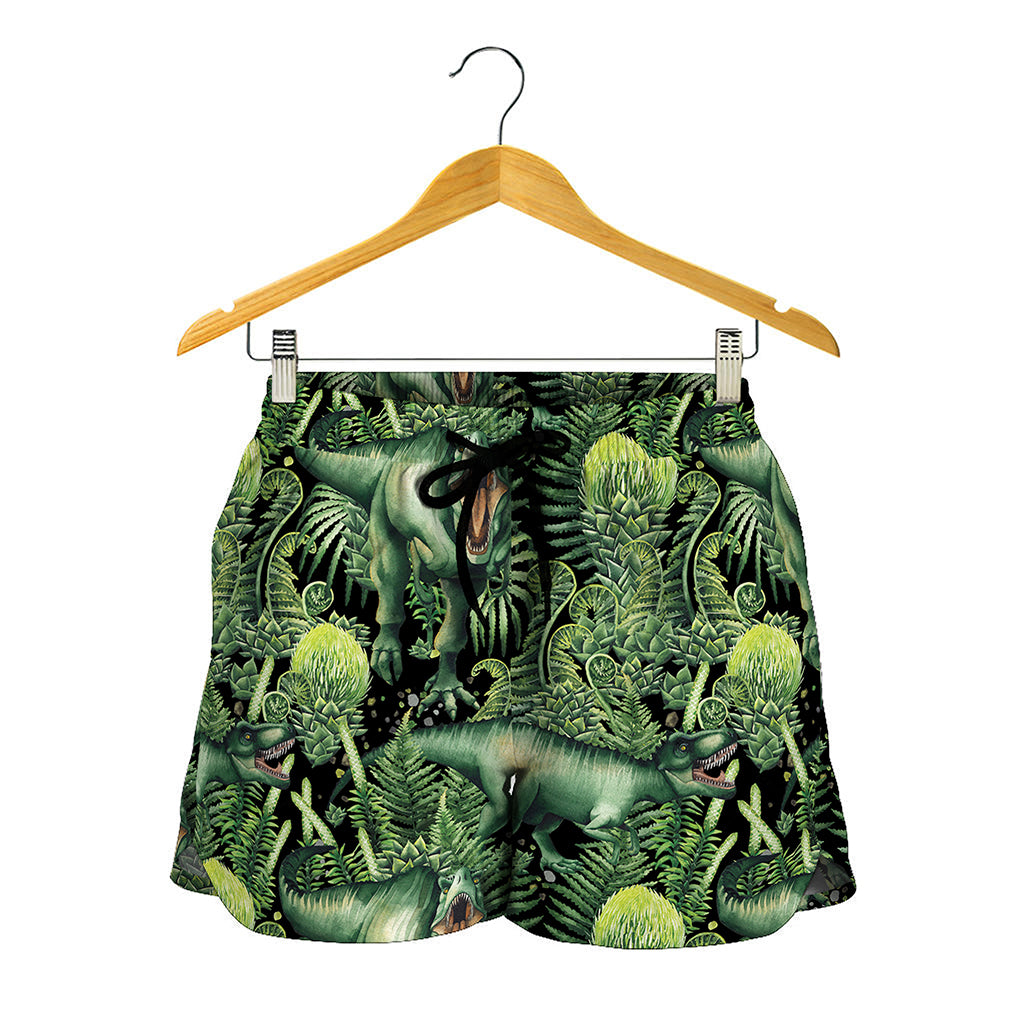 T-Rex Dinosaur And Jurassic Plants Print Women's Shorts