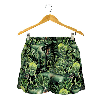 T-Rex Dinosaur And Jurassic Plants Print Women's Shorts
