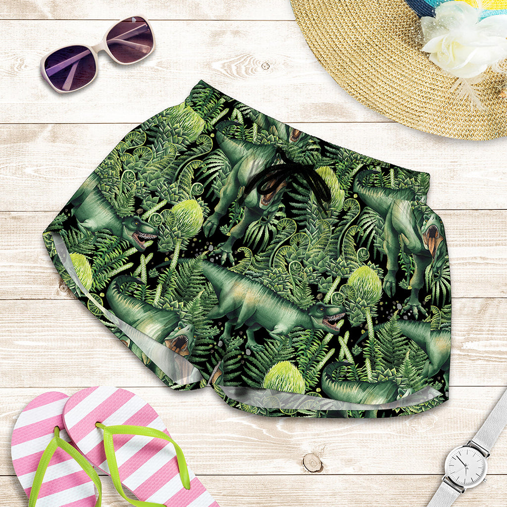 T-Rex Dinosaur And Jurassic Plants Print Women's Shorts