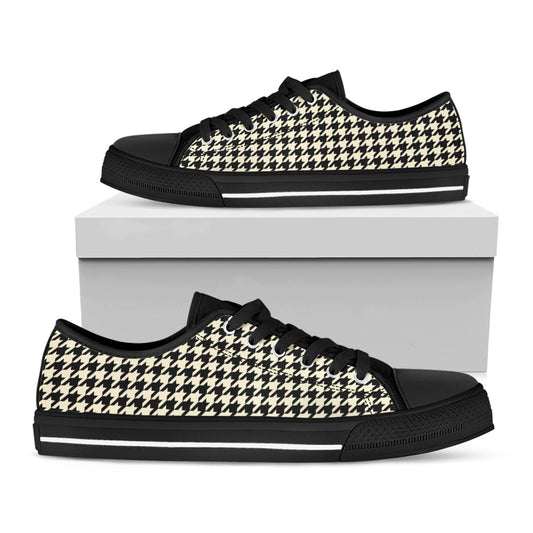Tan And Black Houndstooth Pattern Print Black Low Top Shoes