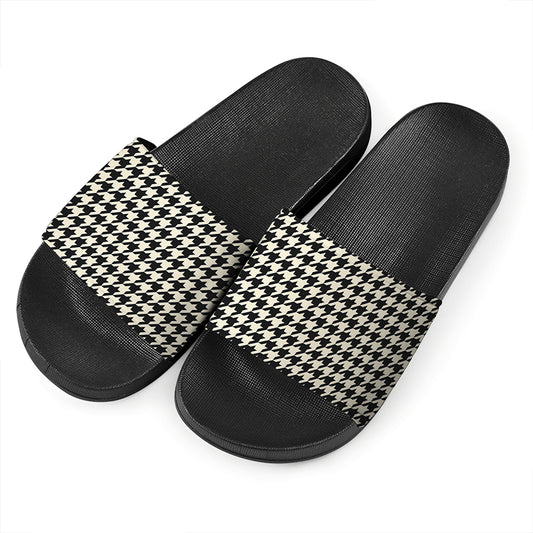 Tan And Black Houndstooth Pattern Print Black Slide Sandals