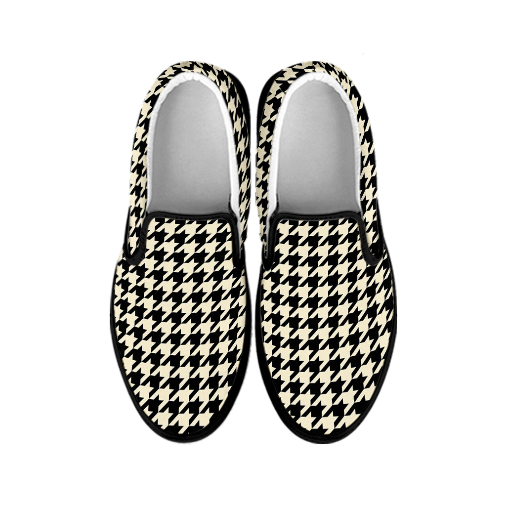 Tan And Black Houndstooth Pattern Print Black Slip On Shoes