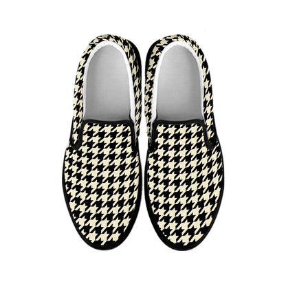 Tan And Black Houndstooth Pattern Print Black Slip On Shoes