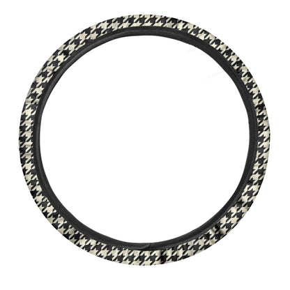 Tan And Black Houndstooth Pattern Print Car Steering Wheel Cover