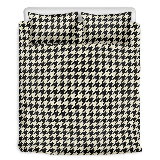 Tan And Black Houndstooth Pattern Print Duvet Cover Bedding Set