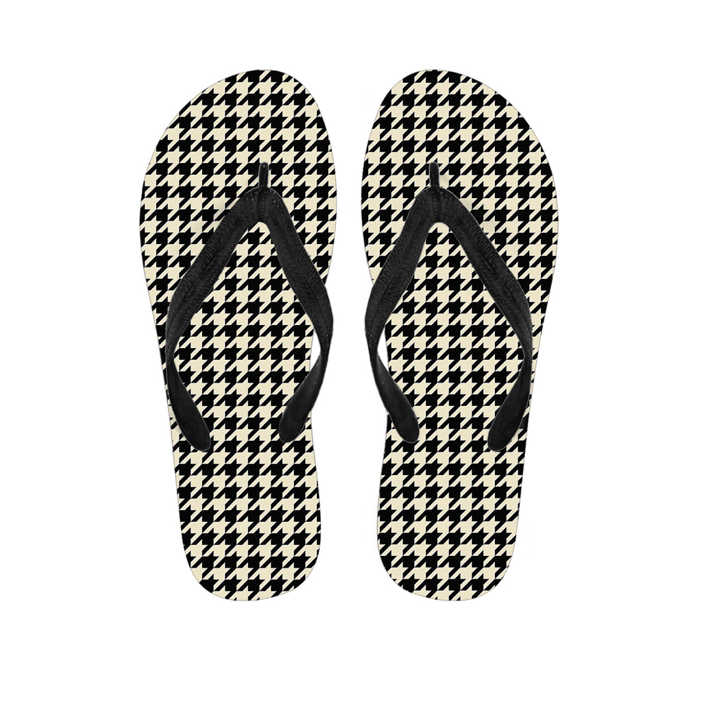 Tan And Black Houndstooth Pattern Print Flip Flops