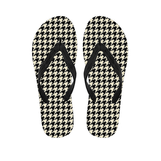 Tan And Black Houndstooth Pattern Print Flip Flops
