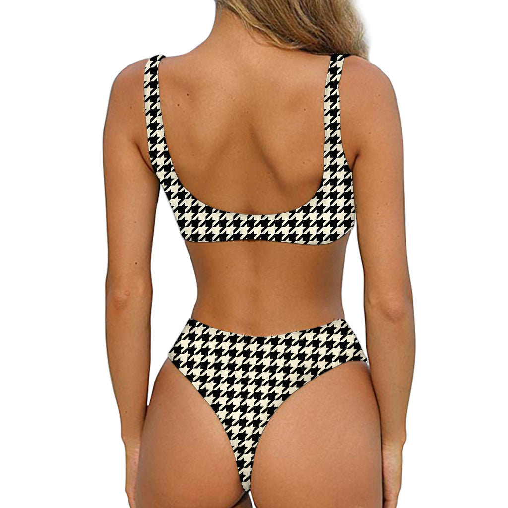 Tan And Black Houndstooth Pattern Print Front Bow Tie Bikini