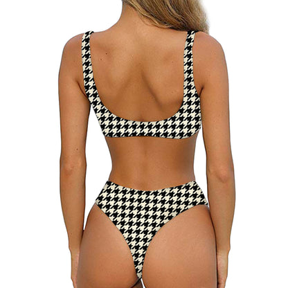 Tan And Black Houndstooth Pattern Print Front Bow Tie Bikini